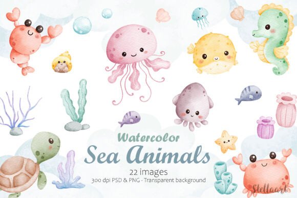 Download Watercolor Kawaii Sea Animals - Premium Bundle