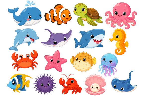 Download Cute Kawaii Sea Animals Clipart Set - Kawaii sea animals Collection