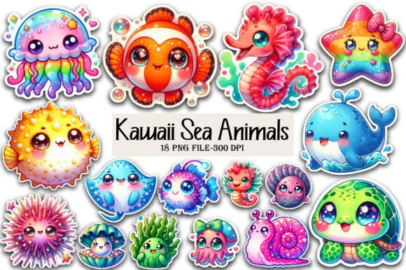 Download Kawaii Sea Animals Sticker Clipart - Premium Bundle