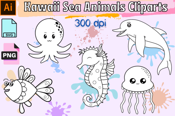 Download Kawaii Sea Animals Digital Stamps Clipart - Kawaii sea animals Collection