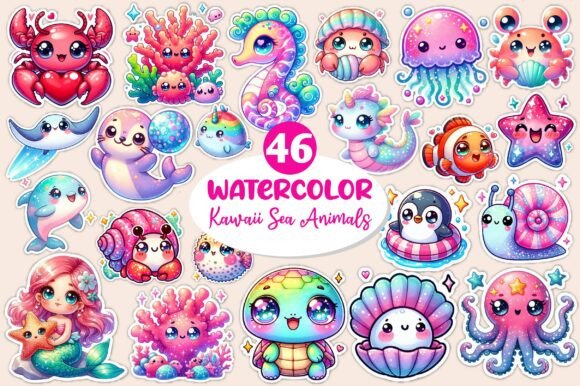 Download Kawaii Sea Animals Clipart, Stickers PNG - Premium Bundle